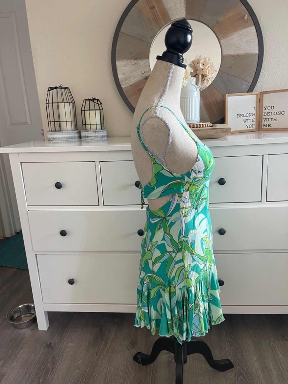 Floral Green Mini Dress with Spaghetti Straps - Picture 3 of 3